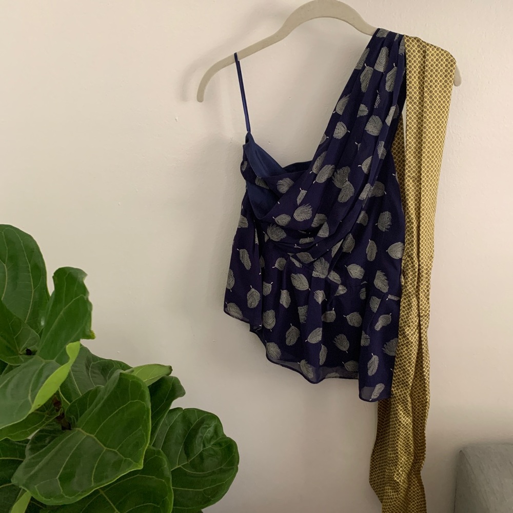 Navy Cream Yellow one arm silk anthro top